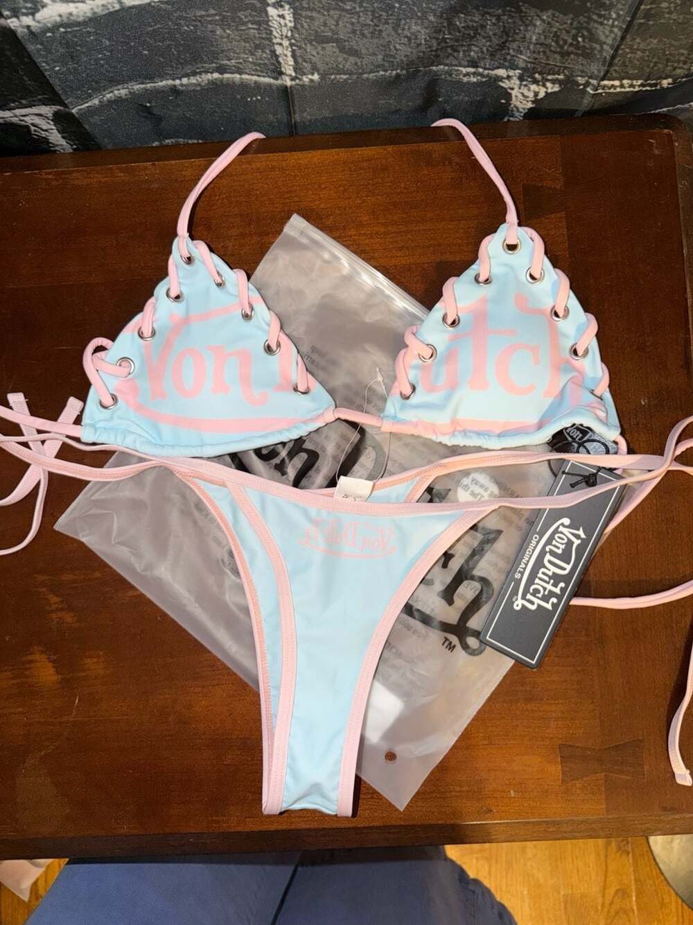 Von Dutch Two-Piece Bikini Set - Baby Blue with Pink Lace-Up Details